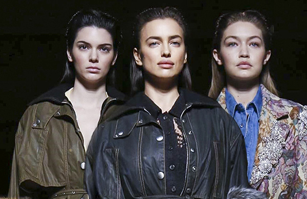Кендалл Дженнер, Ирина Шейк и Джиджи Хадид на показе коллекции Prada осень-зима 2016-2017
